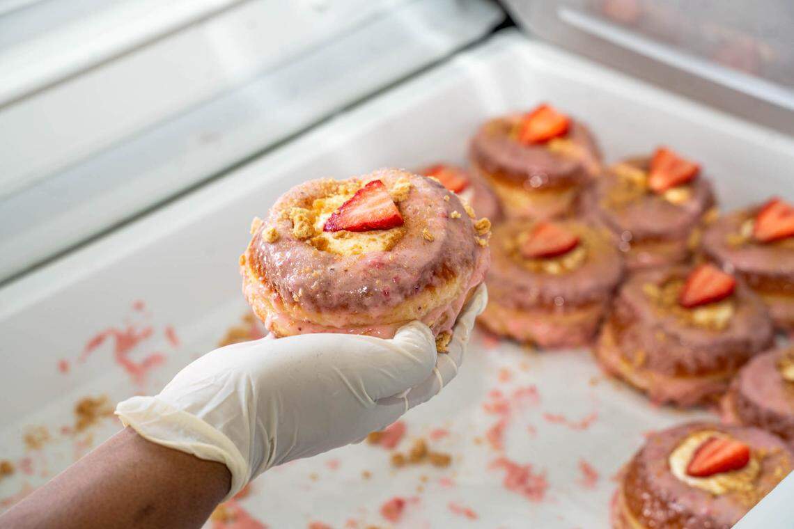 A strawberry cheesecake doughnut from Beyond Amazing Donuts.