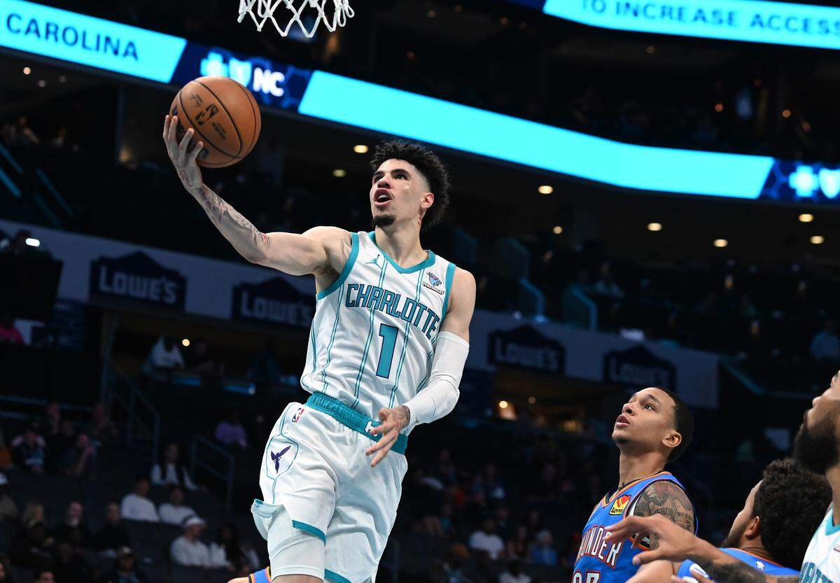 Charlotte Hornets guard LaMelo Ball drives to the basket for two-points during first half action against the Oklahoma City Thunder on Sunday, October 15, 2023 at Spectrum Center in Charlotte, NC.