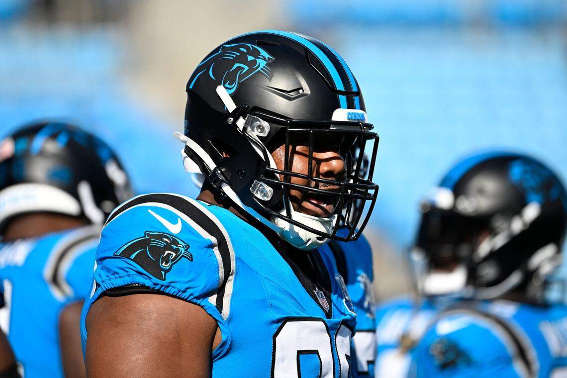 Oct 13, 2024; Charlotte, North Carolina, USA; Carolina Panthers defensive tackle Shy Tuttle (99) before the game at Bank of America Stadium. Mandatory Credit: Bob Donnan-Imagn Images