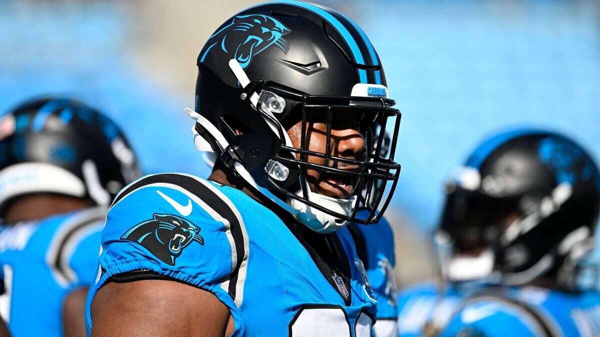 Oct 13, 2024; Charlotte, North Carolina, USA; Carolina Panthers defensive tackle Shy Tuttle (99) before the game at Bank of America Stadium. Mandatory Credit: Bob Donnan-Imagn Images