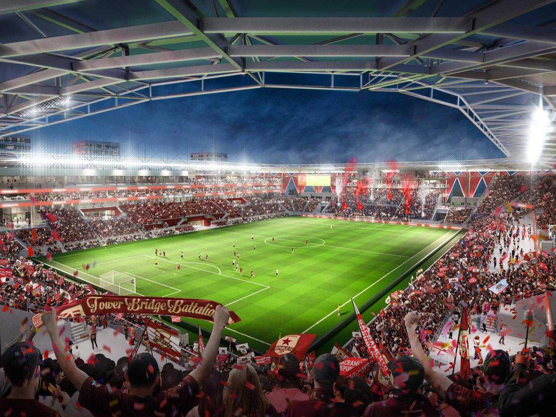 Republic FC released new drawings of a soccer stadium in the downtown Sacramento rail yard with views of the river and city skyline. The stadium would host one of the most recent MLS expansion teams.