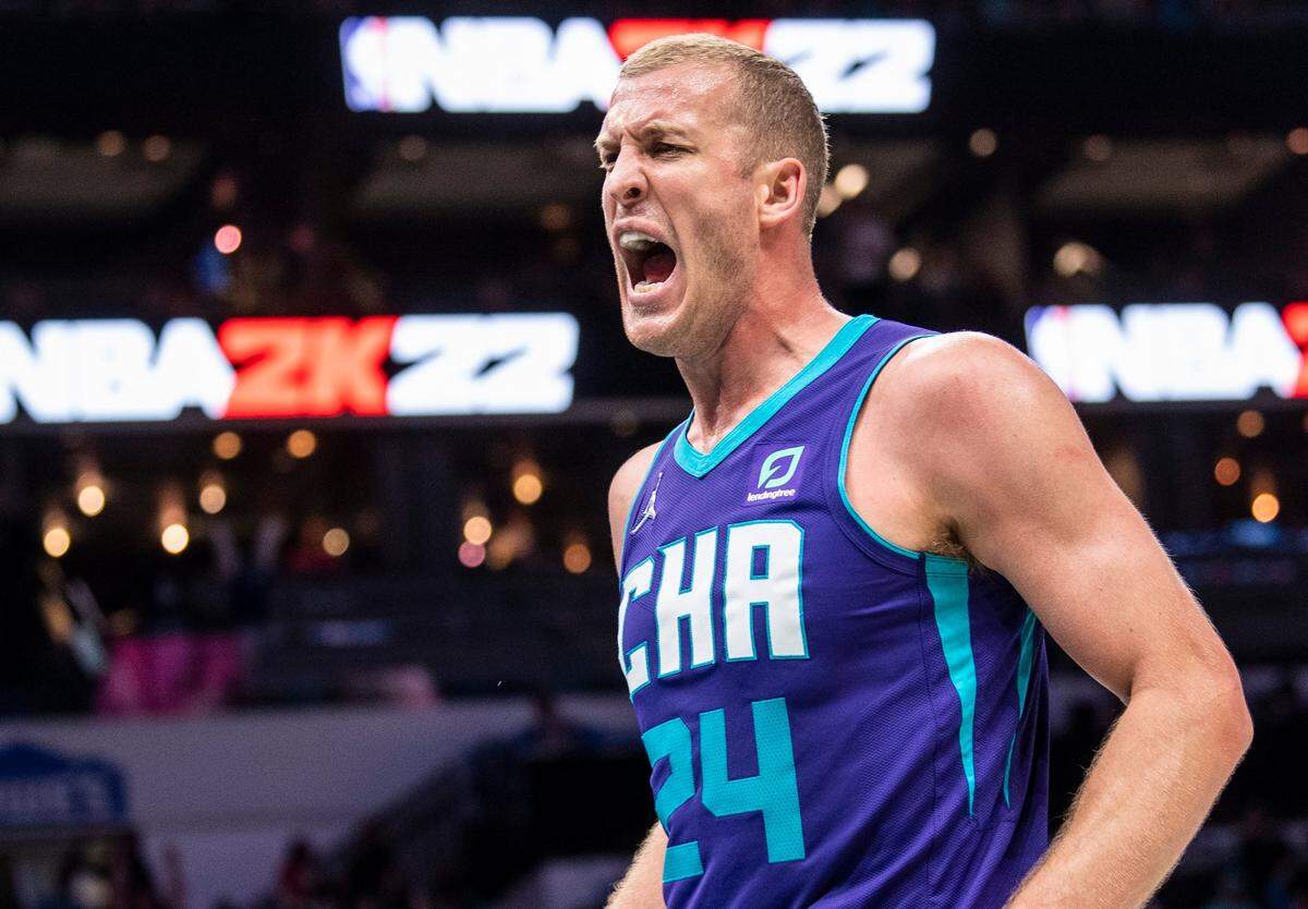 Hornets center Mason Plumlee reacts after a dunk during the game against the New Orleans Pelicans at Spectrum Center on Monday, March 21, 2022 in Charlotte, NC. Plumlee had 11 points and 10 rebounds in Charlotte’s 106-103 win.
