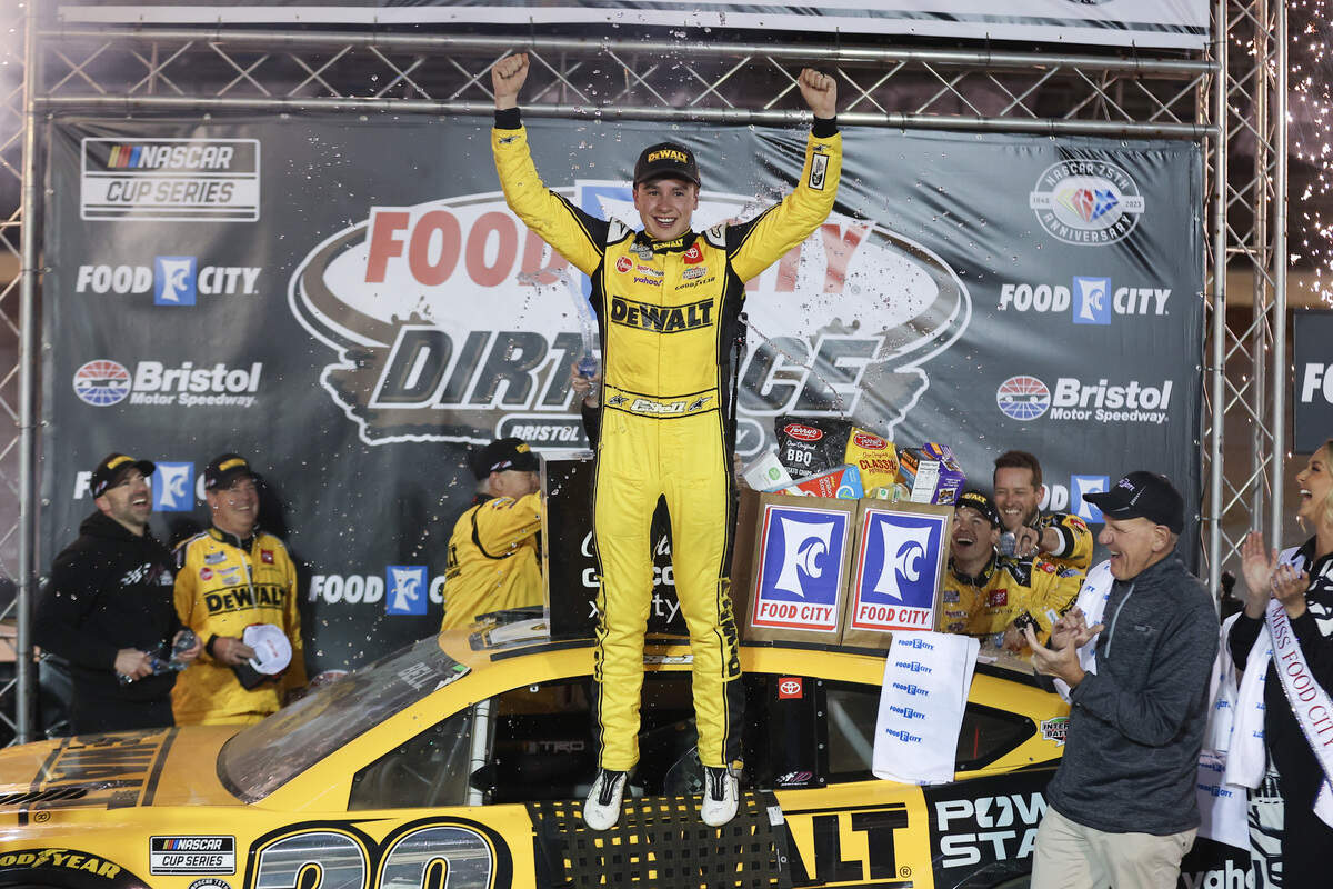 NASCAR Cup Series driver Christopher Bell (20) wins the Food City Dirt Race at the Bristol Motor Speedway Dirt Course.