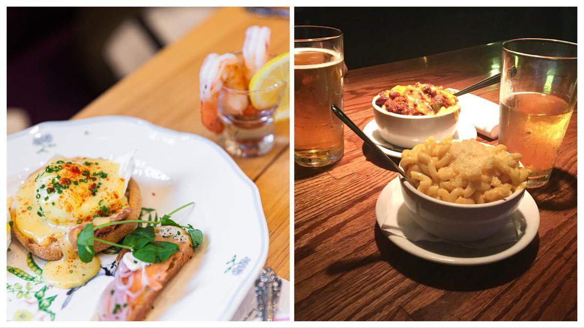A side-by-side photo contrasting daytime and nighttime meals. The left panel is brightly lit and shows a decorated white plate featuring eggs benedict covered in hollandaise sauce and paprika, next to a smoked salmon crostini, with a shrimp cocktail glass in the background. The right panel is warmly lit in a dark bar setting, showing a wooden table with two white bowls containing macaroni and cheese and hearty chili, accompanied by two glasses of light beer.