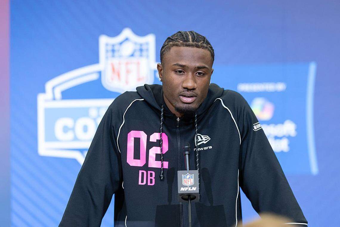 Marcus Allen of the North Carolina Tar Heels speaks to the media during the 2026 NFL Draft Combine at the Indiana Convention Center on Feb. 26, 2026 in Indianapolis, Indiana.