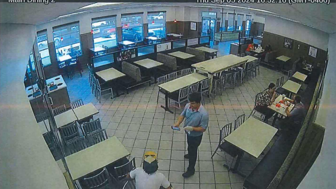 Security footage of Trsyten Cullon asking to use Christopher Tsoulos’ phone on Sept. 5, 2024.