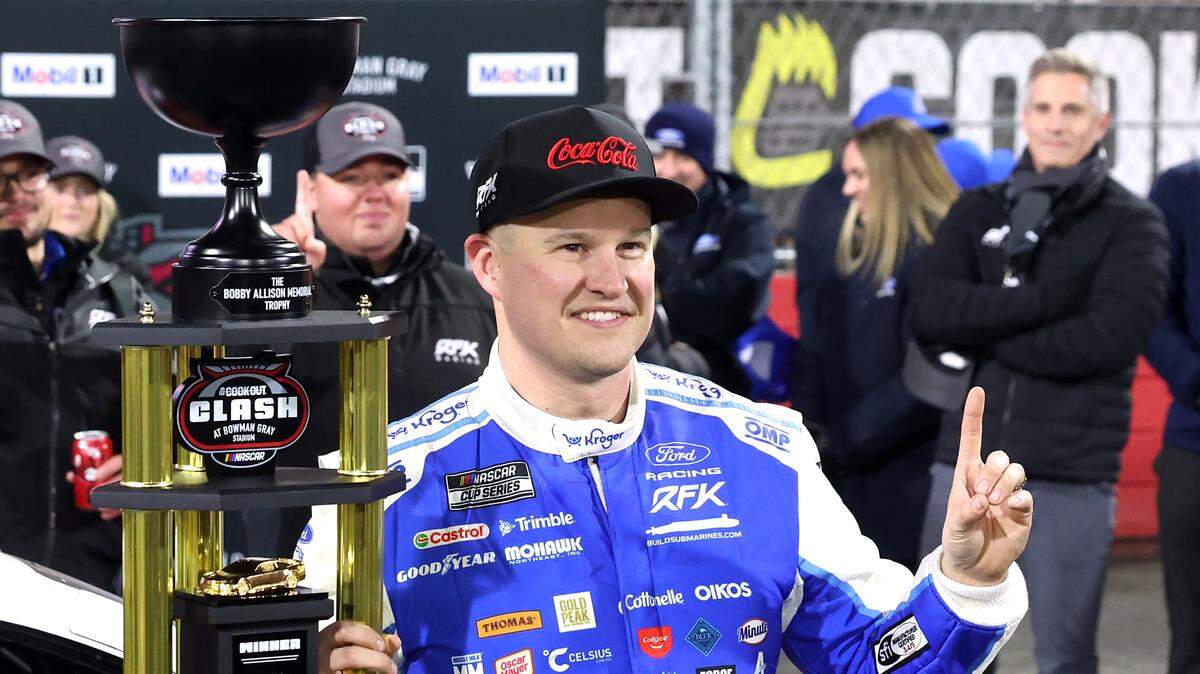 NASCAR Cup Series driver Ryan Preece celebrates winning the Cookout Clash at Bowman Gray Stadium in Winston-Salem, NC on Wednesday, February 4, 2026. 