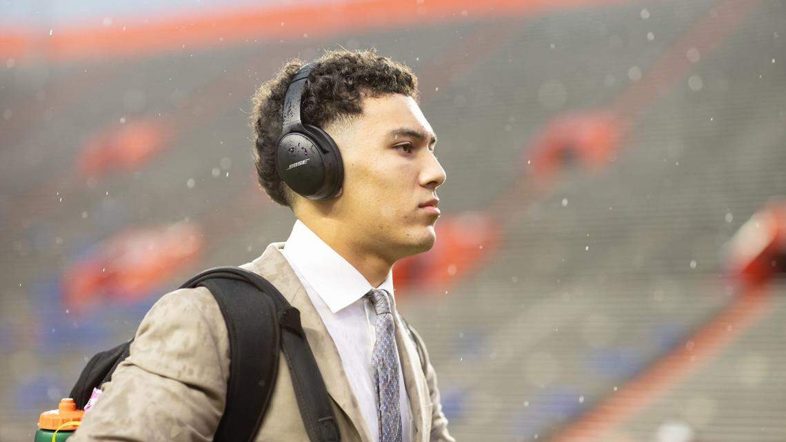 Florida Gators quarterback Max Brown (17) walks on the field during Gator Walk at Steve Spurrier Field at Ben Hill Griffin Stadium in Gainesville, Fla., on Saturday, Nov. 25, 2023.