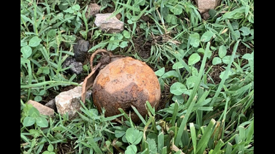 This "old, rusted" grenade appeared in a North Carolina couple's yard after a downpour, according to the Rockingham County Sheriff's Office.