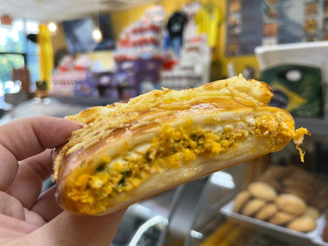 If you eat one thing at Tropical Brazilian Bakery, make it a freshly baked esfirra de frango c/catupiri, which is stuffed with chicken and cheese.
