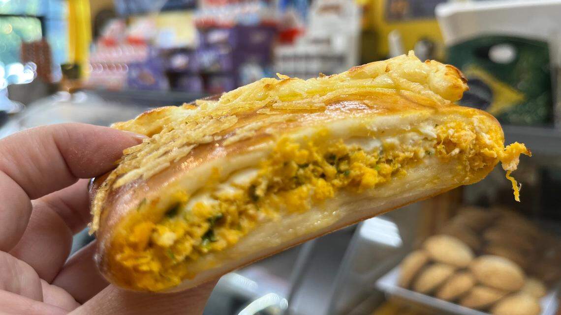 If you eat one thing at Tropical Brazilian Bakery, make it a freshly baked esfirra de frango c/catupiri, which is stuffed with chicken and cheese.