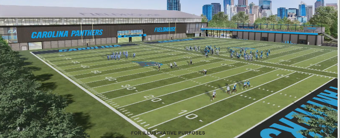 Preliminary renderings shown at a Charlotte City Council zoning meeting show what the Carolina Panthers’ new practice facility along Cedar Street could look like.