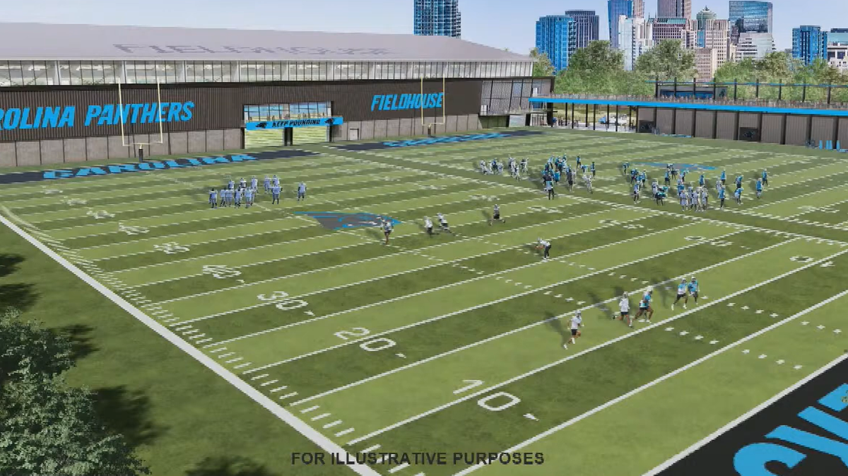 Preliminary renderings shown at a Charlotte City Council zoning meeting show what the Carolina Panthers’ new practice facility along Cedar Street could look like.