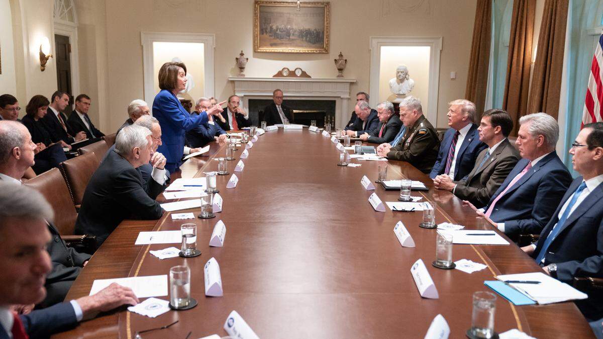 President Donald J. Trump meets with House Speaker Nancy Pelosi and Congressional leadership Wednesday, Oct. 16, 2019, in the Cabinet Room of the White House.