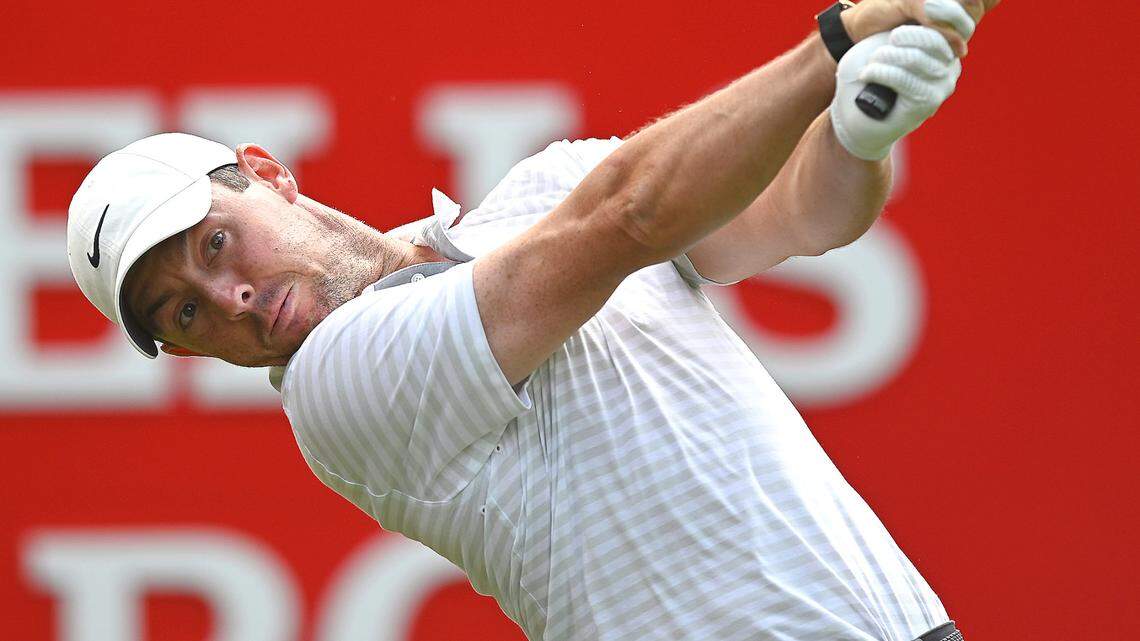 Golfer Rory McIlroy watches his drive from the ninth tee box during third round action of the Wells Fargo Championship at Quail Hollow Club in Charlotte, NC on Saturday, May 8, 2021.