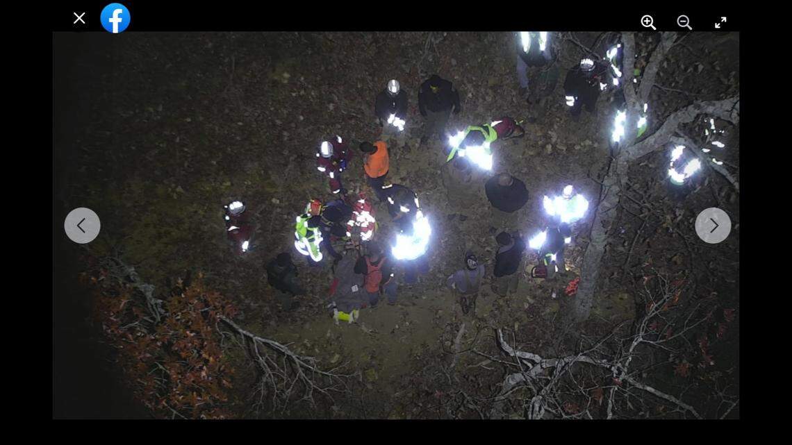 A photo taken by Stormpoint Emergency Response and shared on Facebook by Rutherford County Fire & Rescue shows search and rescue efforts after a hunter went missing in Tennessee.