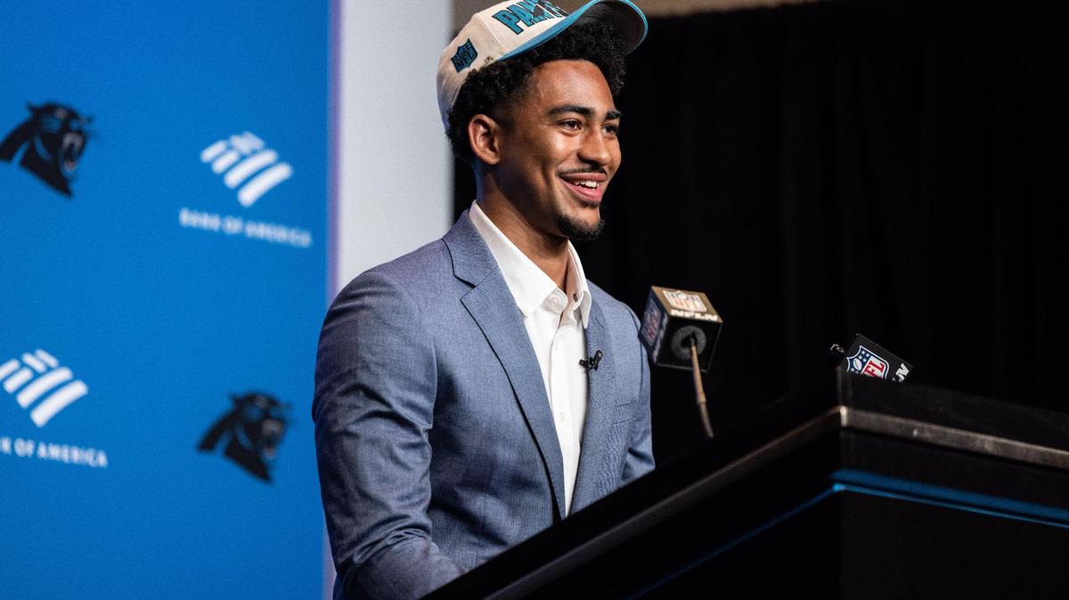 Carolina Panthers Bryce Young speaks during a press conference at the Bank of America Stadium in Charlotte, N.C., on Friday, April 28, 2023.