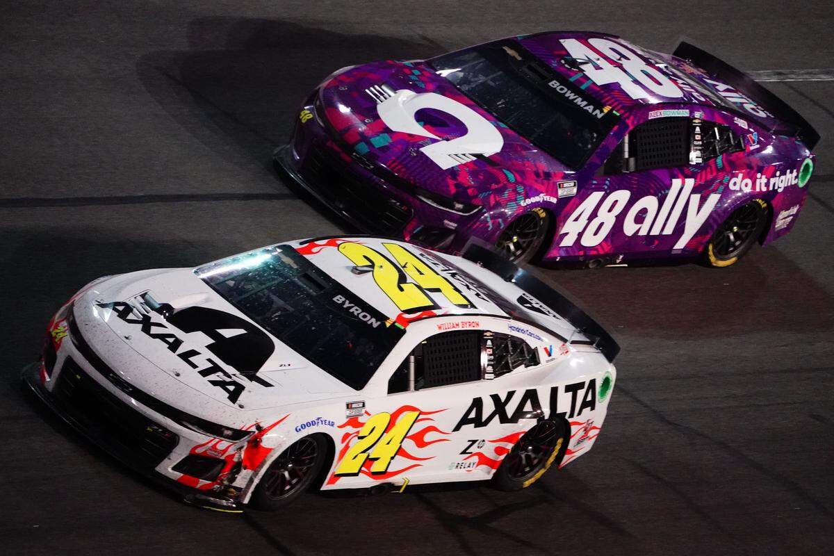 Feb 19, 2024; Daytona Beach, Florida, USA; NASCAR Cup Series driver William Byron (24) wins the Daytona 500 at Daytona International Speedway. Mandatory Credit: John David Mercer-USA TODAY Sports