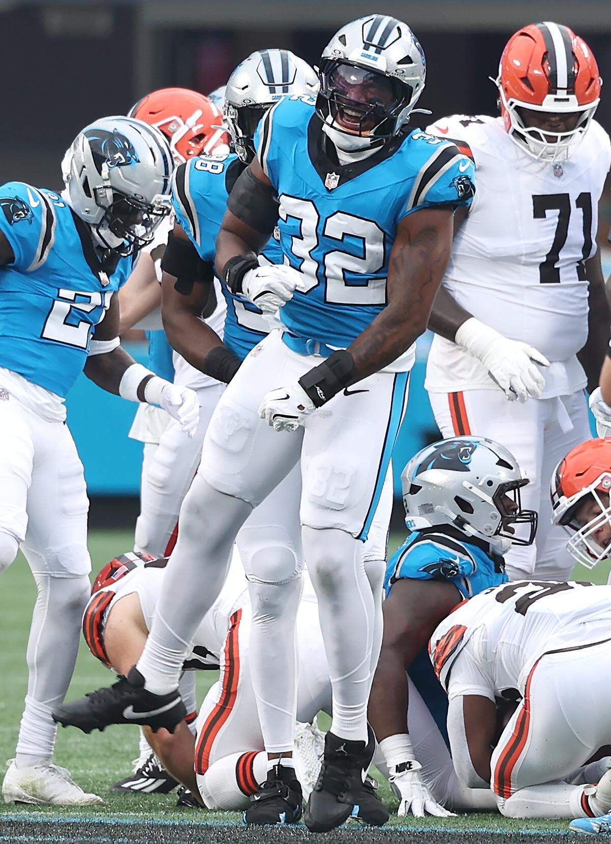 Carolina Panthers linebacker Trevin Wallace celebrates a stop of the Cleveland Browns during action on Friday, August 8, 2025 at Bank of America Stadium in Charlotte, NC.