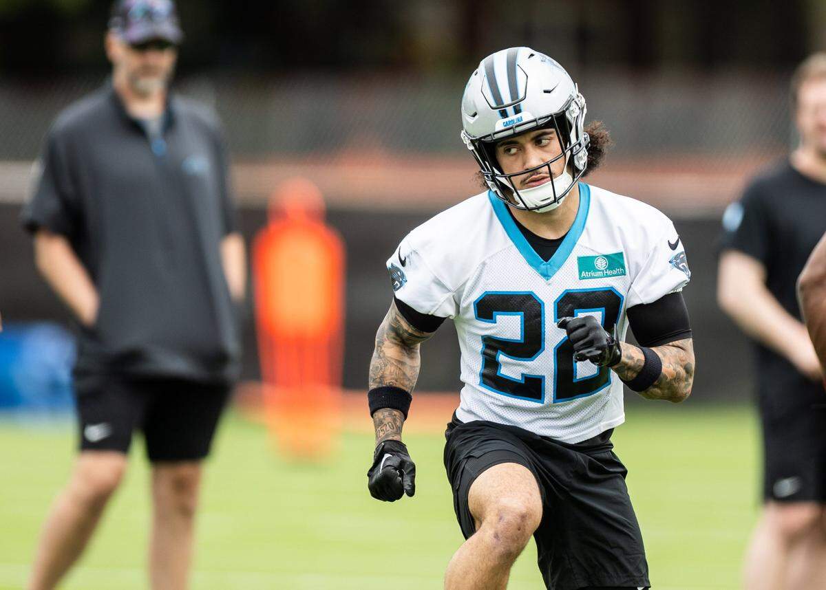Carolina Panthers Lathan Ransom warms up during the Carolina Panthers Rookie Minicamp in Charlotte, N.C., on Saturday, May 10, 2025.