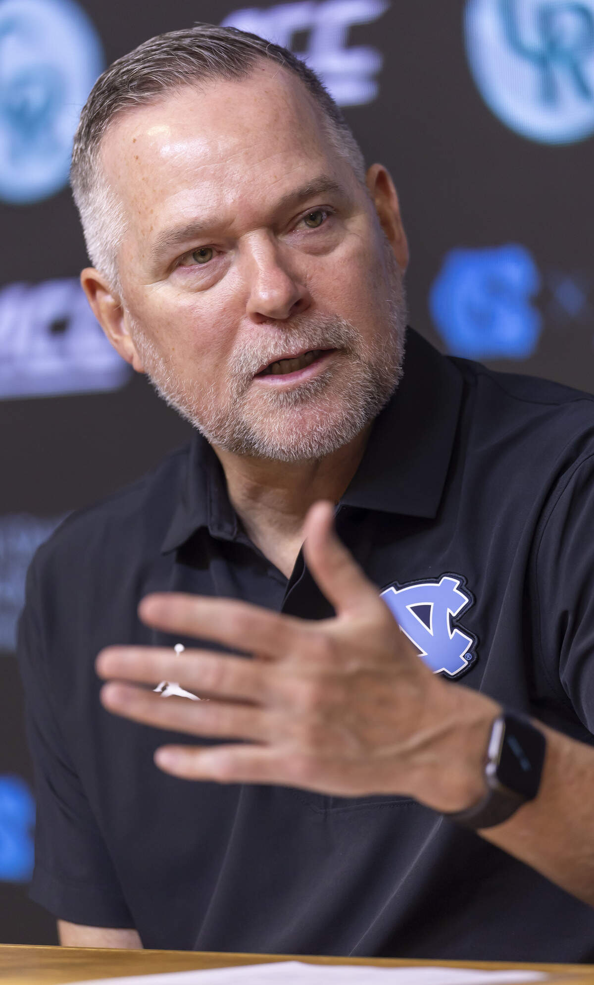 North Carolina coach Michael Malone discusses his roster during a press briefing on Thursday, September 3, 2026, at the Smith Center in Chapel Hill, N.C. Malone touched on numerous topics during his first press conference since being named head coach of the Tar Heels in April.