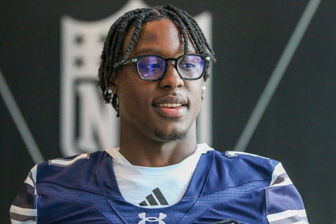 Greensboro Grimsley QB Faizon Brandon at Wednesday’s Carolina Panthers’ Keep Pounding media day at Bank of America Stadium on May 7, 2025