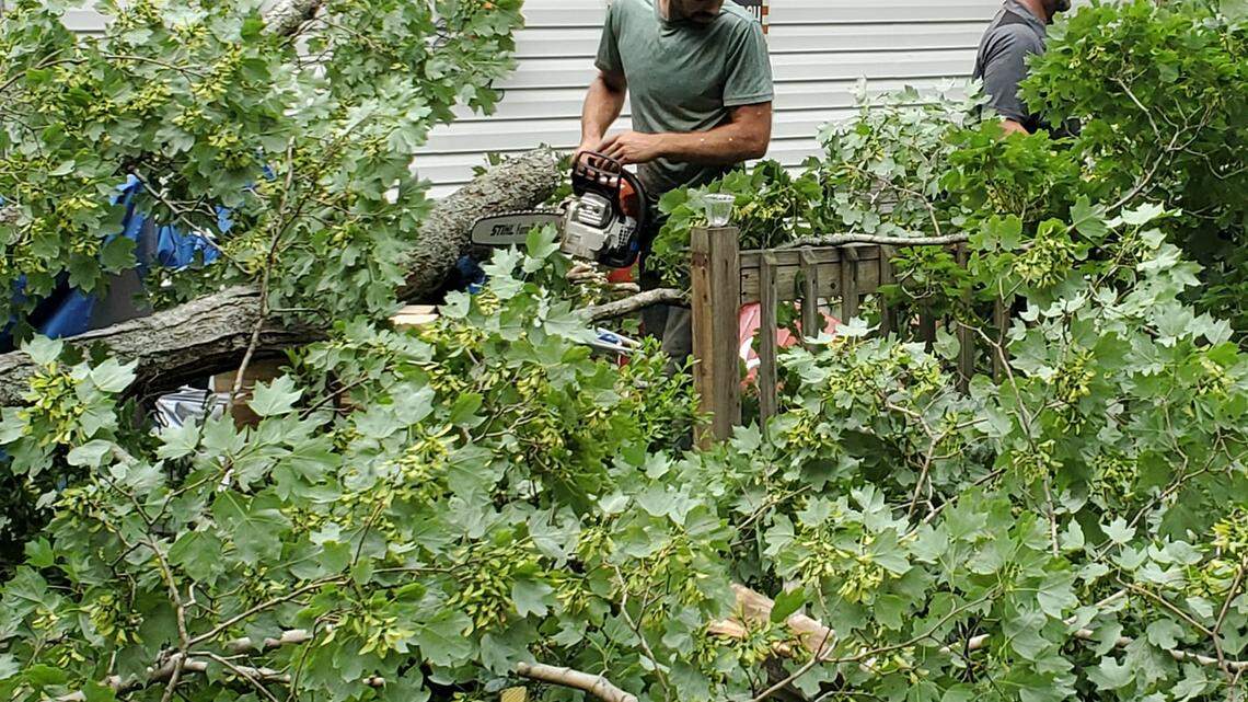 The woman was pinned under the tree outside her home, officials said.
