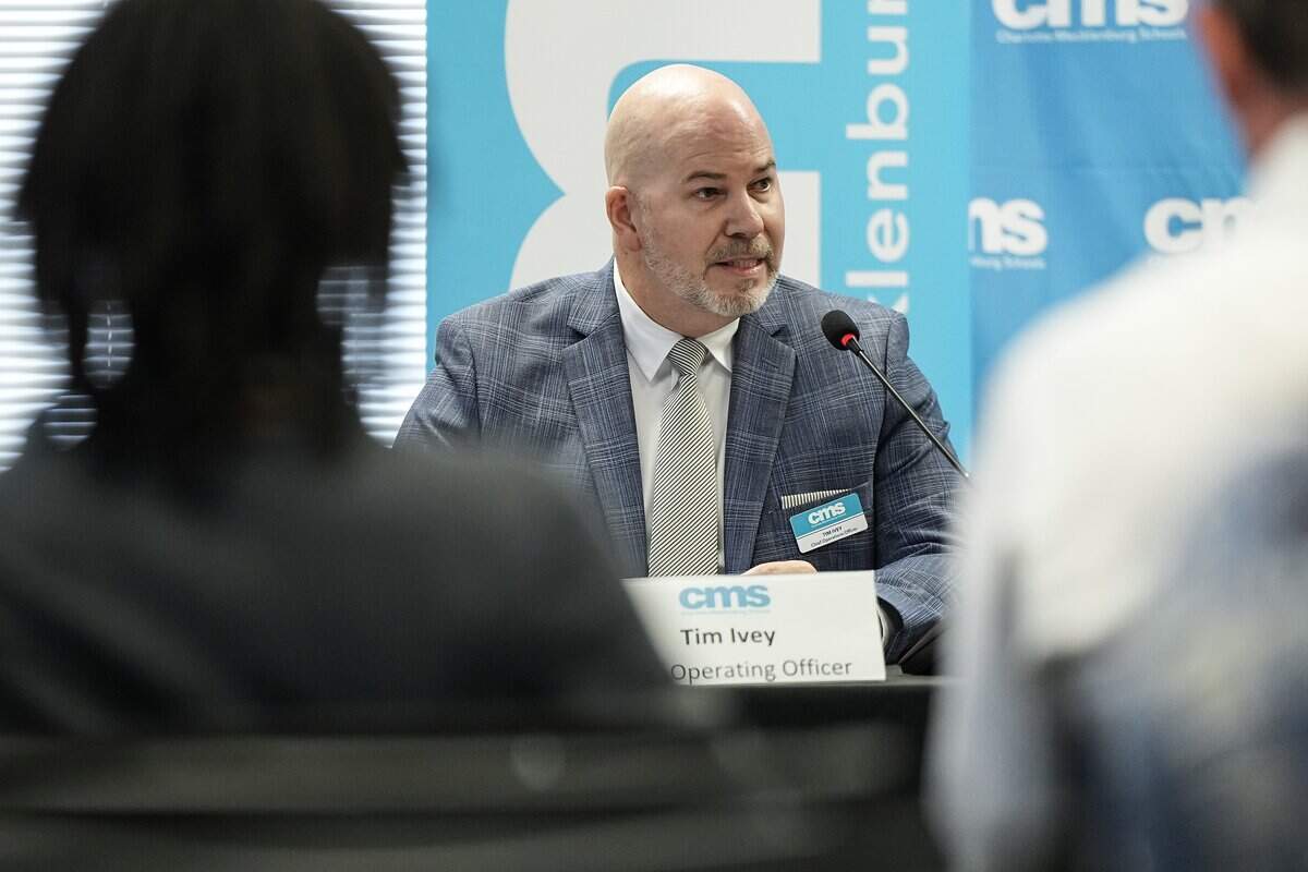 Tim Ivey, Chief Operations Officer, speaks during the Charlotte-Mecklenburg Schools Back-to-School Briefing at Central Piedmont Community College Tuesday, Aug. 19, 2025, in Charlotte, N.C.