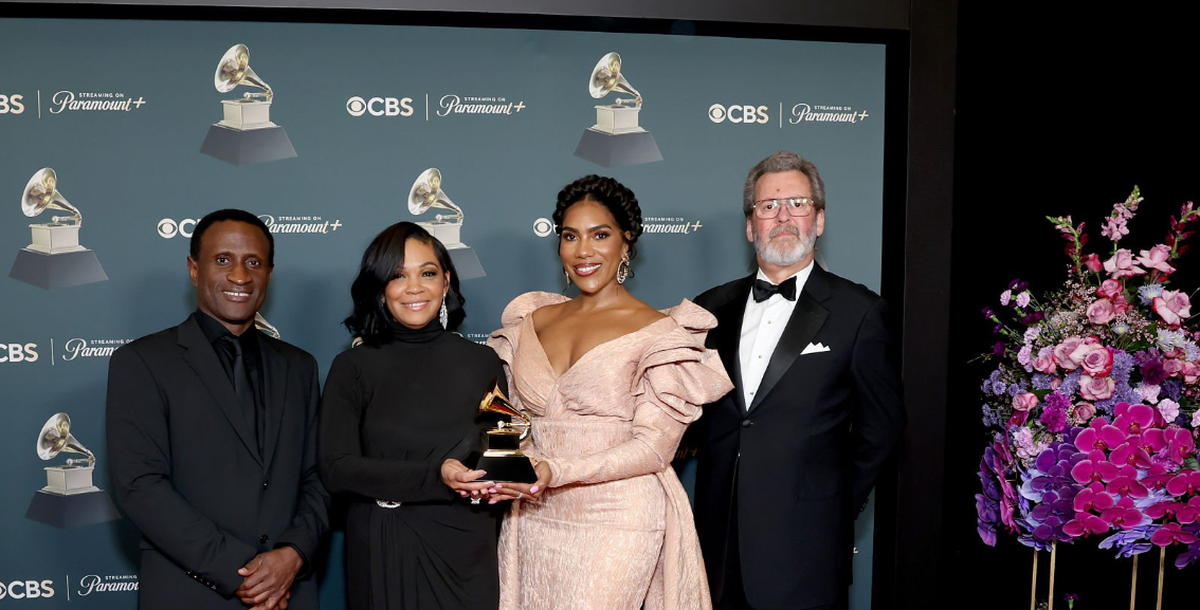 From left, Kwamé Ryan, Janai Brugger, J’Nai Bridges and Blanton Alspaugh, winners of the Best Opera Recording for “Intelligence,” in the press room during the 68th Grammy Awards on Feb. 1, 2026 in Los Angeles.