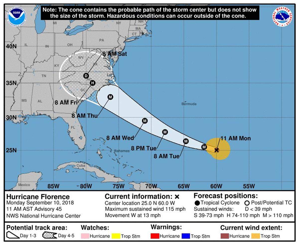 Hurricane Florence’s projected track as of 11 a.m. Monday.