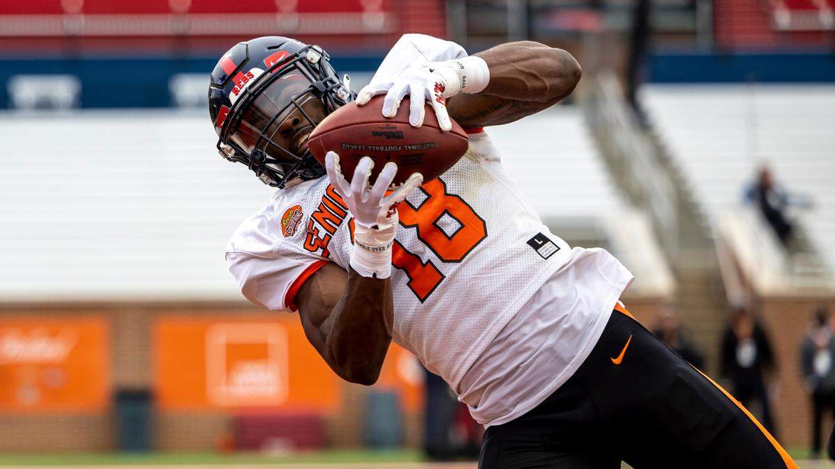 Wide receiver Jonathan Mingo of Ole Miss practices during the third day of Senior Bowl week in February at Hancock Whitney Stadium in Mobile. Vasha Hunt-USA TODAY Sports