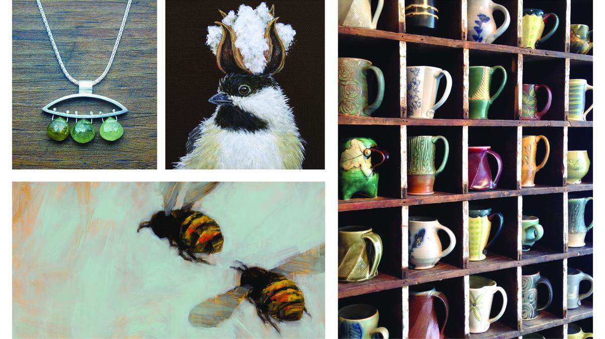 JEWELRY BY ASHKA DYMEL, PAINTINGS BY VICKI SAWYER AND ANGIE RENFRO, AND A SELECTION OF MUGS FROM VARIOUS POTTERS
