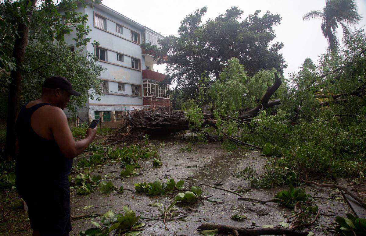 A man in Havana, Cuba, checks his mobile phone as he stands next to fallen trees bought down by the winds of Hurricane Ian on Tuesday, September 27, 2022. Ian made landfall at 4:30 a.m. EDT Tuesday in Cuba’s Pinar del Rio province, where officials set up shelters, evacuated people, rushed in emergency personnel and took steps to protect crops in the nation’s main tobacco-growing region.