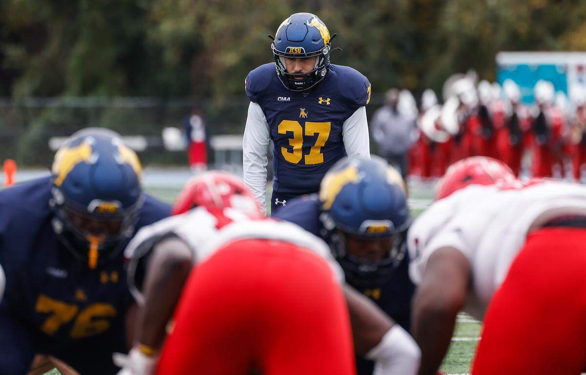 Lukasz Smolen prepares to kick an extra point during the Golden Bulls’ win over Winston-Salem State on Oct. 25, 2025.