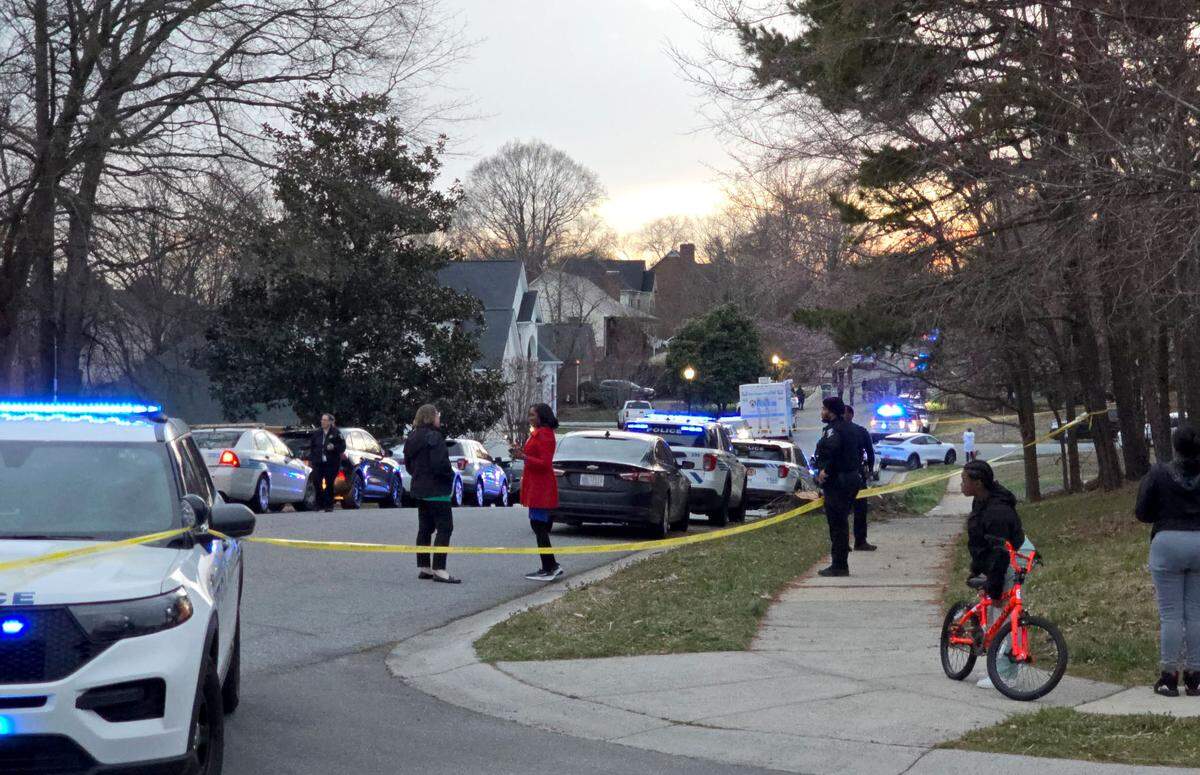 The of where two Charlotte-Mecklenburg police officers were injured in an officer-involved shooting in northeast Charlotte Friday evening, March 7, 2025