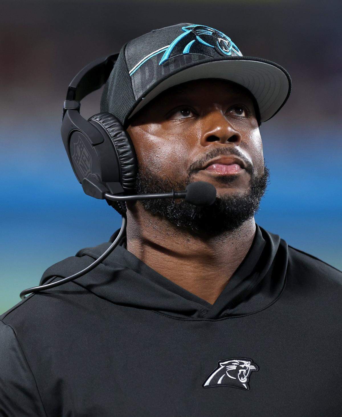 Carolina Panthers Thomas Brown looks up to the Jumbotron during fourth-quarter action against the Indianapolis Colts on Sunday, November 5, 2023 at Bank of America Stadium in Charlotte, NC. The Colts defeated the Panthers 27-13.