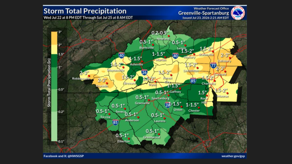 Up to 3 inches of rain could fall in parts of Mecklenburg County, forecasters say