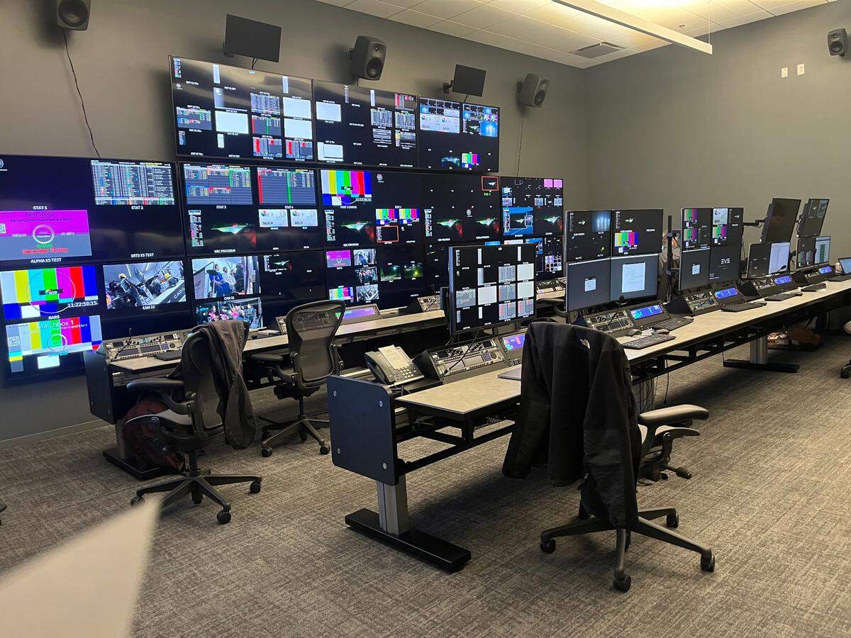 One of NASCAR’s new control rooms, many of its production members will be able to work remotely instead of being on-site every week.