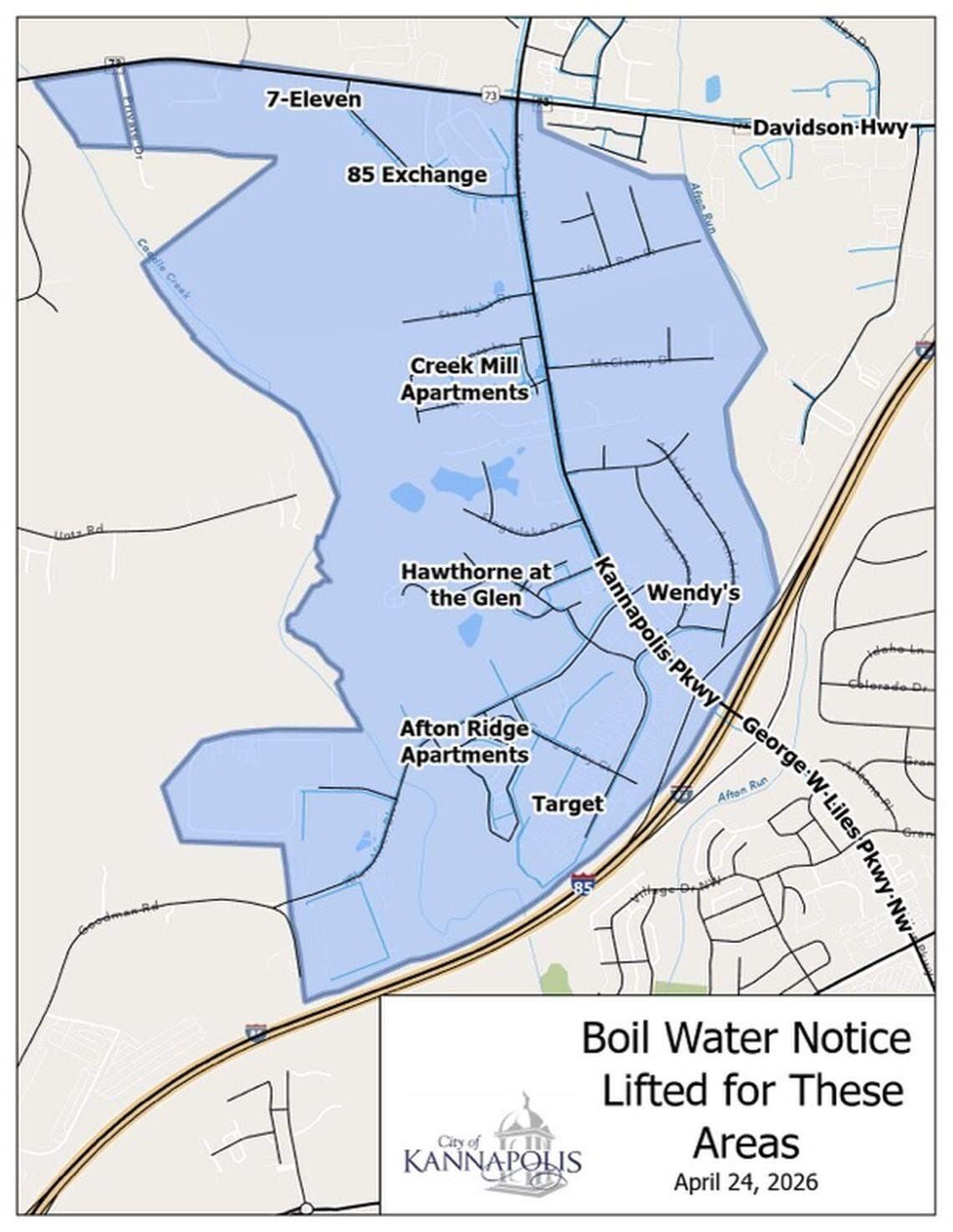 The Kannapolis boil water advisory was lifted for the areas in blue on this map.