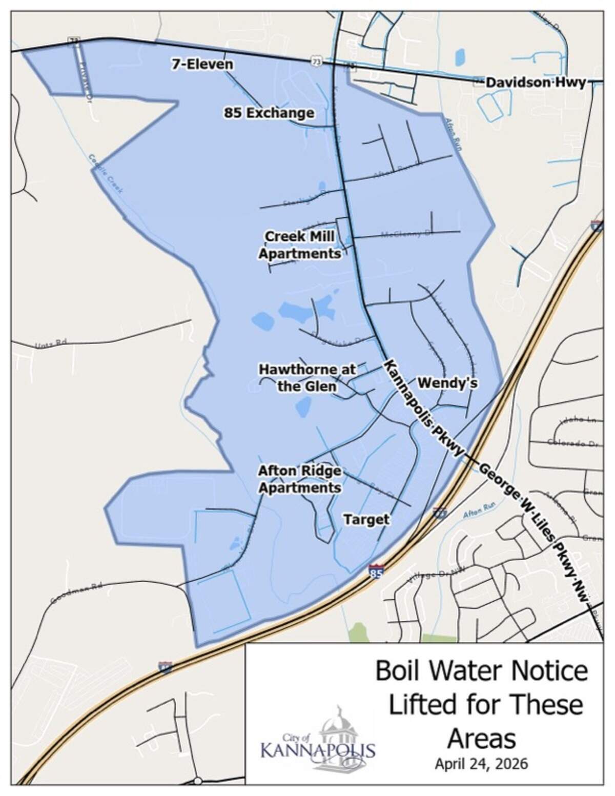 The Kannapolis boil water advisory was lifted for the areas in blue on this map.