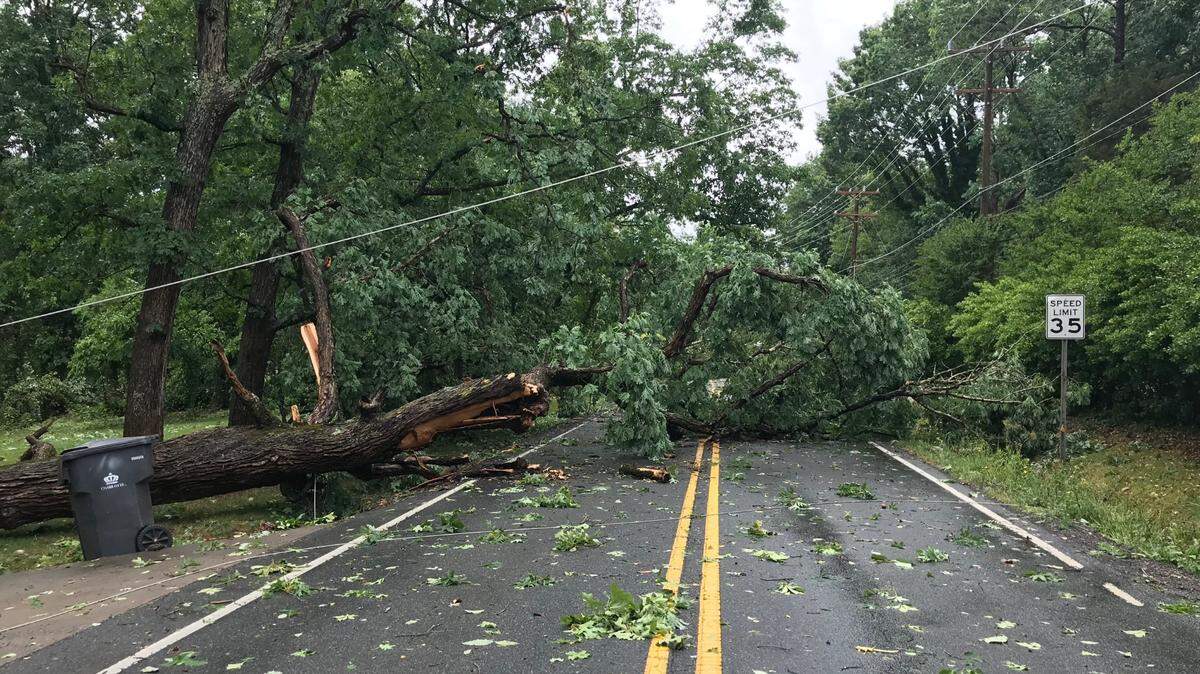 Severe storms and a possible tornado brought down trees onto Rocky River Road between Interstate 485 and Robinson Church Road in northeast Charlotte on Monday, May 24, 2022.