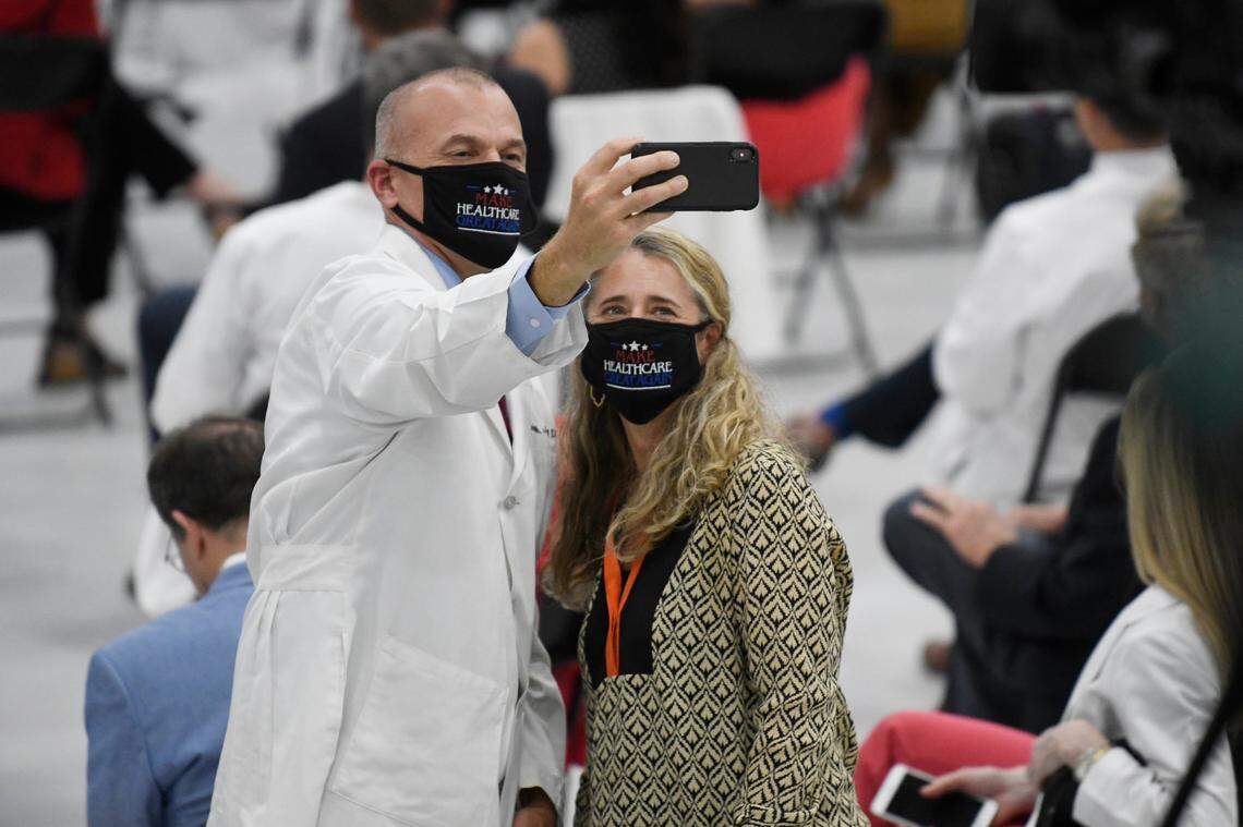 Audience members take a selfie prior to a speech by President Donald J. Trump discussing his healthcare plan in Charlotte on Thursday, September 24, 2020.