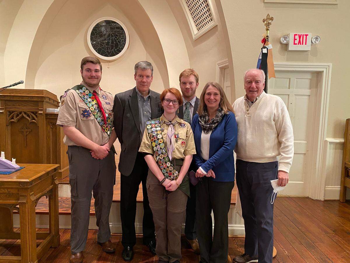 Myree Kromer, front row center, in a photograph taken with her family after her ceremony on Sunday at Sharon Presbyterian Church. From left to right behind her: brother Jonathan, father Andrew, brother Lee, mother Sarah, grandfather Bob (son of Philip). Says Andrew Kromer: “As part of the ceremony, the Eagle gives a pin to a person who she feels most mentored and encouraged her. I’ve been to about 30 ceremonies. The mentor pins always go to an adult leader in the troop. Myree, however, gave the pin to her brothers. I did not see that coming. Says a lot. Pretty cool.”
