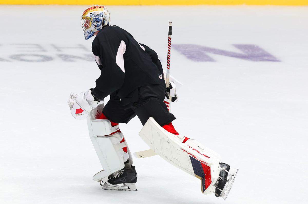 Charlotte Checkers goalie Cooper Black skates to the other goal during practice at BoJangles Coliseum in Charlotte, NC on Thursday, October 9, 2025.