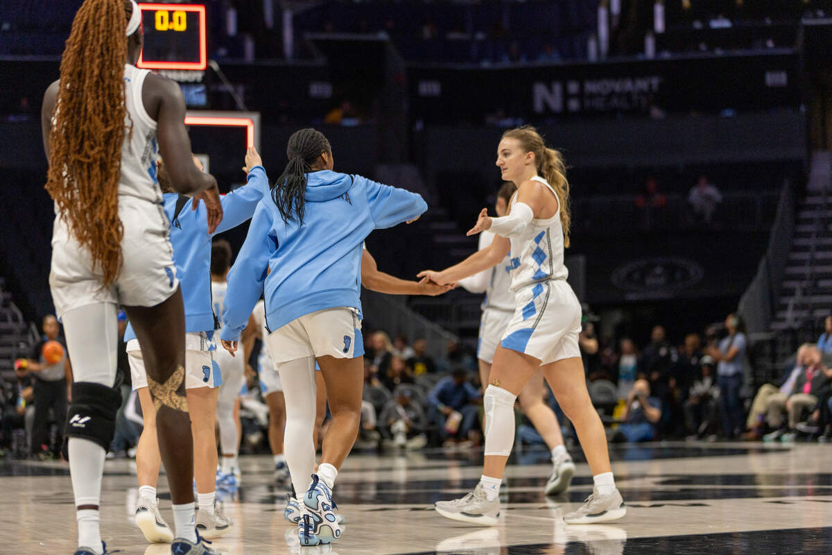 UNC celebrates after defeating Florida in Wednesday’s Jumpman event at Spectrum Center in Charlotte.