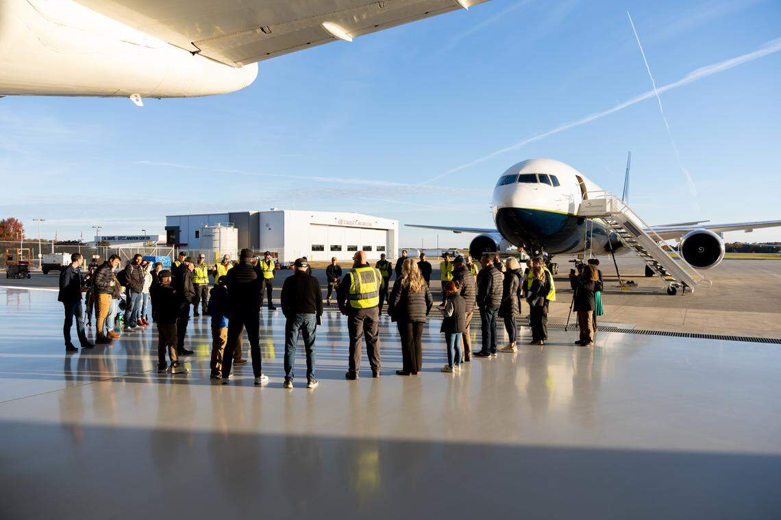 Franklin Graham prays with the aviation team before the inaugural flight of the Samaritan’s Purse 767 cargo plane, from Greensboro to Israel Saturday morning, Oct. 25, 2025. The plane held relief supplies for the people of Gaza.