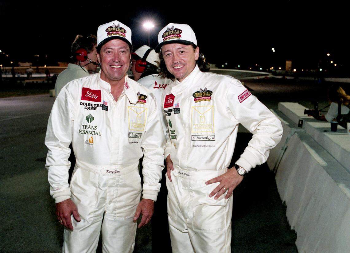 Former NASCAR driver Harry Gant, left, and country music artist Mark Collie share a moment before the start of the Mark Collie Celebrity Race for Diabetes on Oct. 11, 1995, at Nashville Speedway.