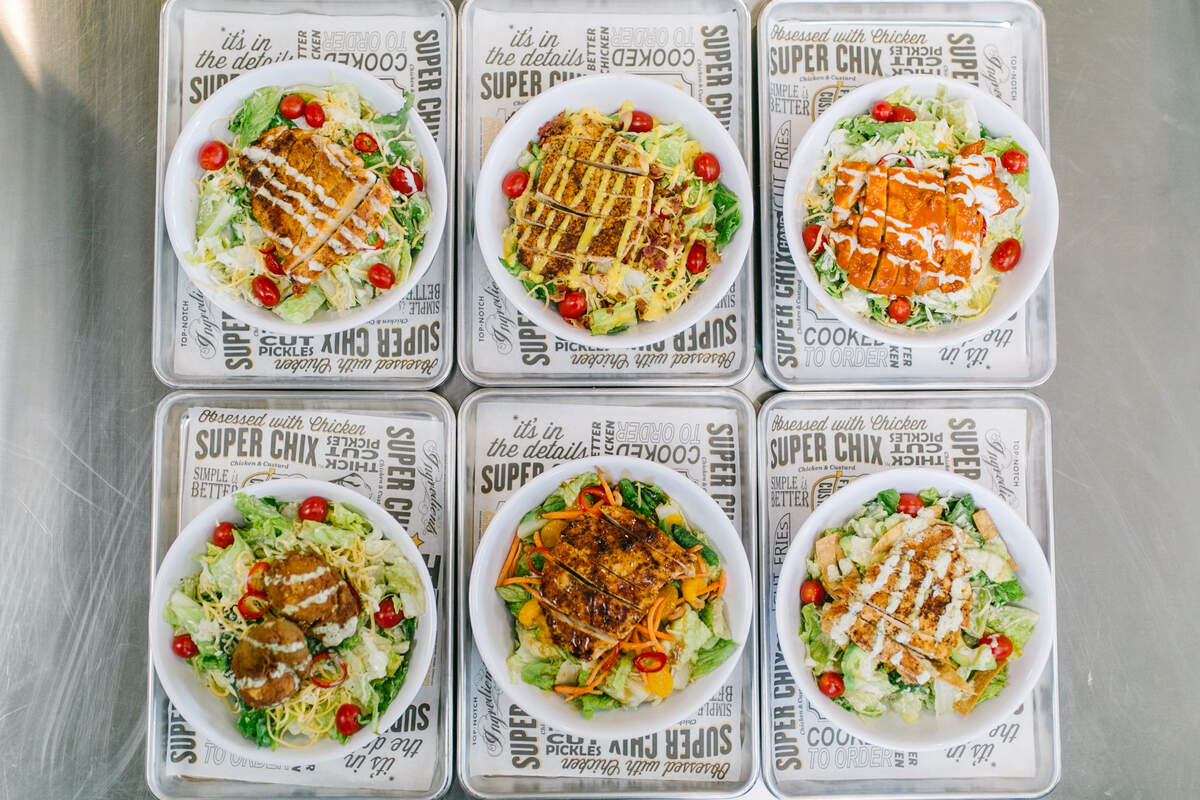 Super Chix salads come with your choice of grilled or breaded chicken. Choices include Southwest Chicken, Buffalo Ranch, Asian Sesame, Nashville Hot, House Salad or the vegetarian-friendly Crispy Avo.