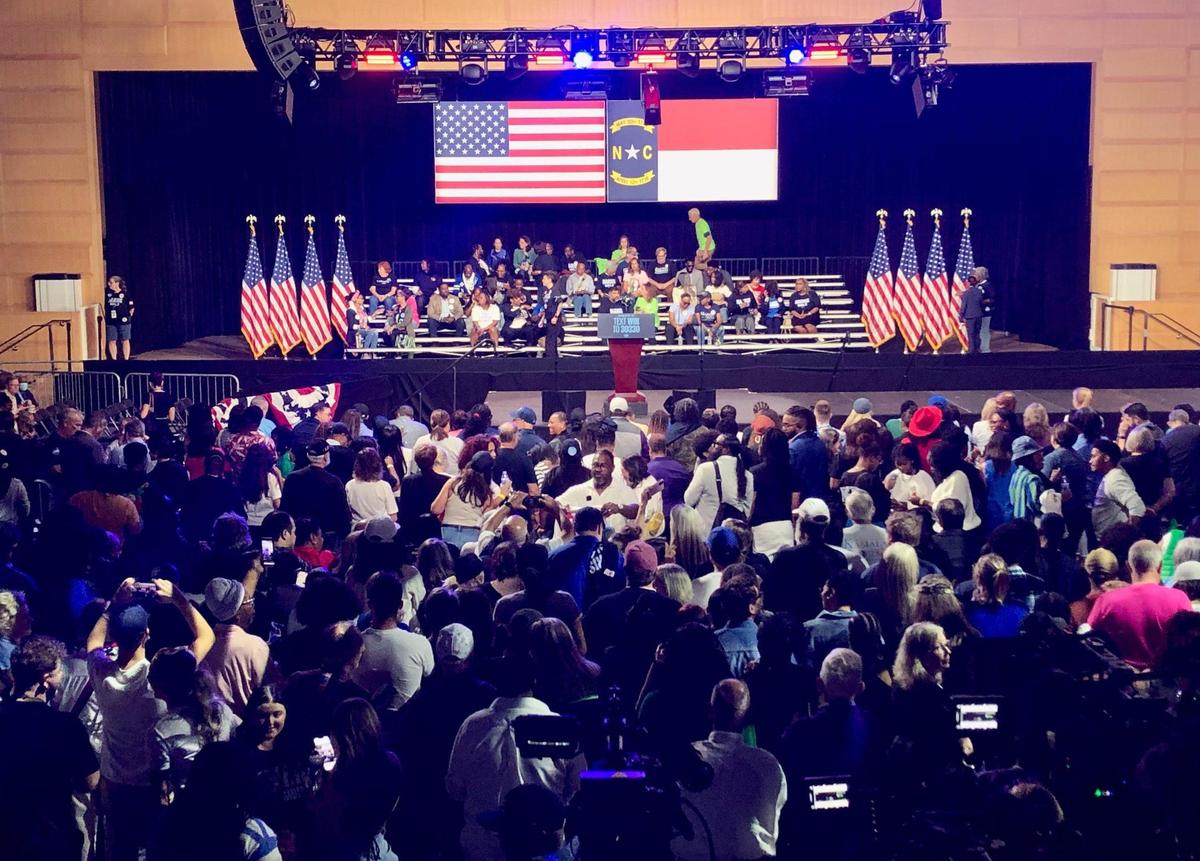 Supporters wait to hear remarks from former President Barack Obama at a rally for Vice President Kamala Harris presidential bid on Friday, October 25, 2024 at the Charlotte Convention Center in Charlotte, NC.