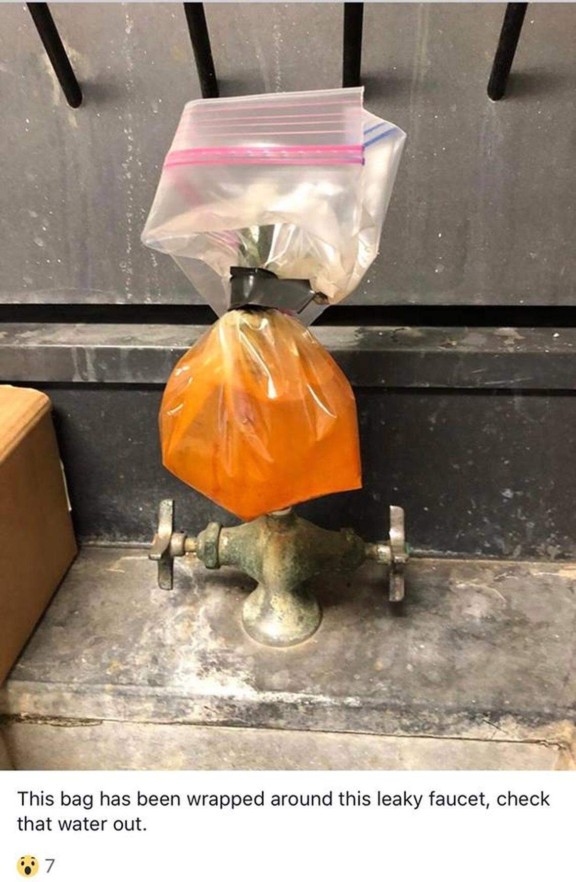 A teacher at South Mecklenburg High photographed this faucet leaking rusty water, “repaired” with a plastic bag, to illustrate health and safety concerns about school buildings.